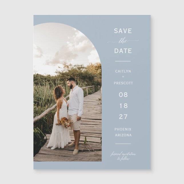 Dusty Blue Arch Photo Save Date Magnetic Card (Framsida)