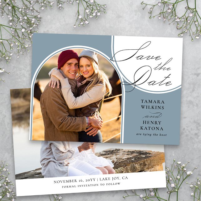 Dusty Blue Arched Photo Bröllop Calligraphy Spara Datumet (Dusty Blue Photo Save the Date from my Wedding Colors Collection)