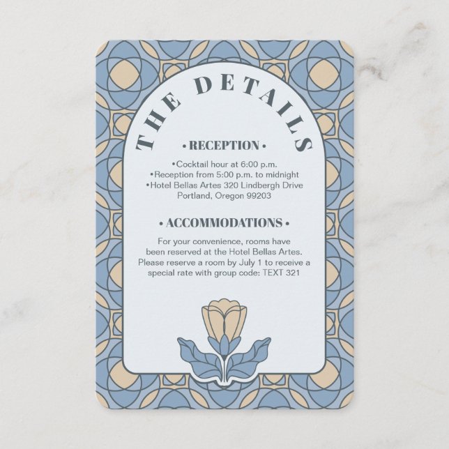 Dusty Blue Art Nouveau Bröllopsdetaljer QR-kort Tilläggskort (Framsida)