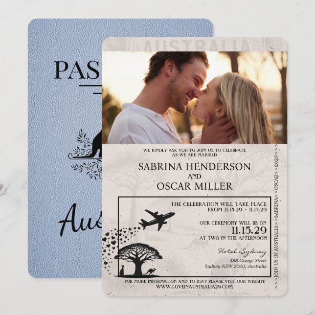 Dusty Blue Australia Passport Wedding bjudande Inbjudningar (Fram/baksida)