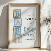 Dusty Blue Baby Blocks Baby Shower Välkomstaffisch