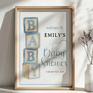 Dusty Blue Baby Blocks Baby Shower Välkomstaffisch Poster