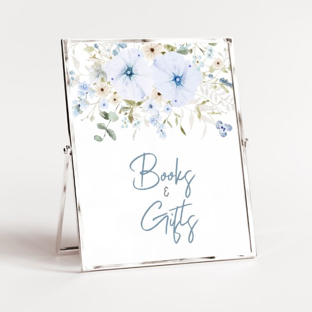 Dusty Blue Baby Bloom Baby Shower Bokar och presen Poster (Boy Spring Flowers Baby Shower Books and Gifts Sign)
