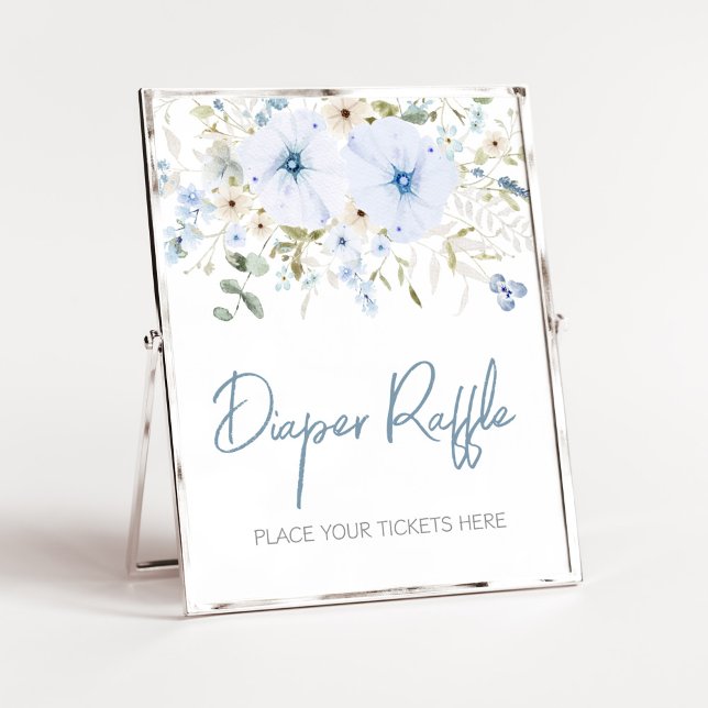 Dusty Blue Baby Bloom Baby Shower Diaper Raffle Poster (Boy Spring Flowers Baby Shower Diaper Raffle Sign)