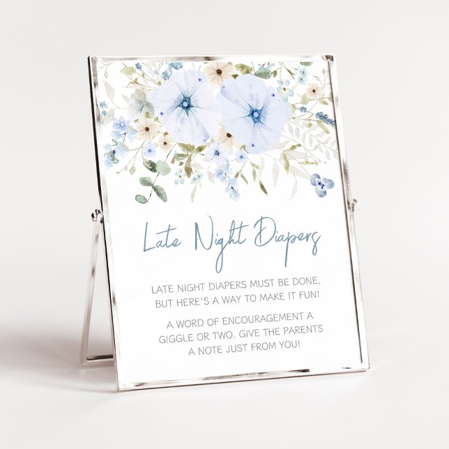Dusty Blue Baby Bloom Senaste nattblöjor Poster (Boy Spring Flowers Baby Shower Late Night Diapers Sign)