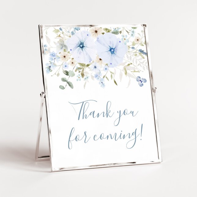 Dusty Blue Baby Bloom Tack för att du kom Poster (Boy Spring Flowers Baby Shower Thank you for Coming Sign)