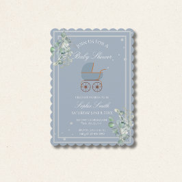 Dusty Blue Baby Carriage Baby Shower Scalloped Inbjudningar