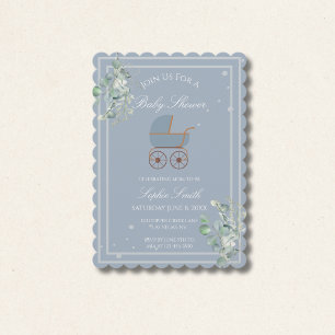 Dusty Blue Baby Carriage Baby Shower Scalloped Inbjudningar