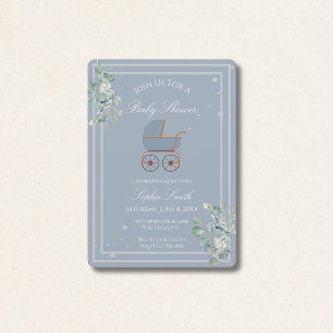 Dusty Blue Baby Carriage Eucalyptus Baby Shower Inbjudningar