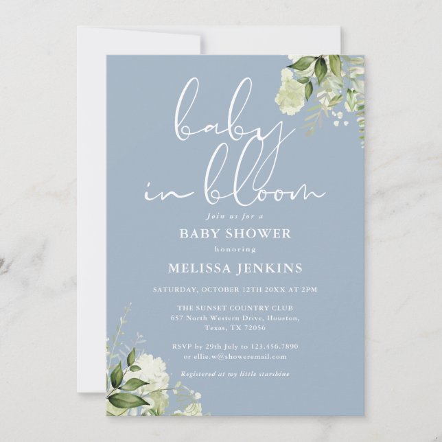 Dusty Blue Baby i Bloom Greenery Baby Shower Inbjudningar (Framsida)