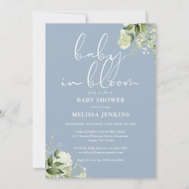 Dusty Blue Baby i Bloom Greenery Baby Shower Inbjudningar