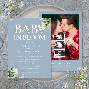 Dusty Blue Baby In Bloom Blommig Foto Baby Shower Inbjudningar