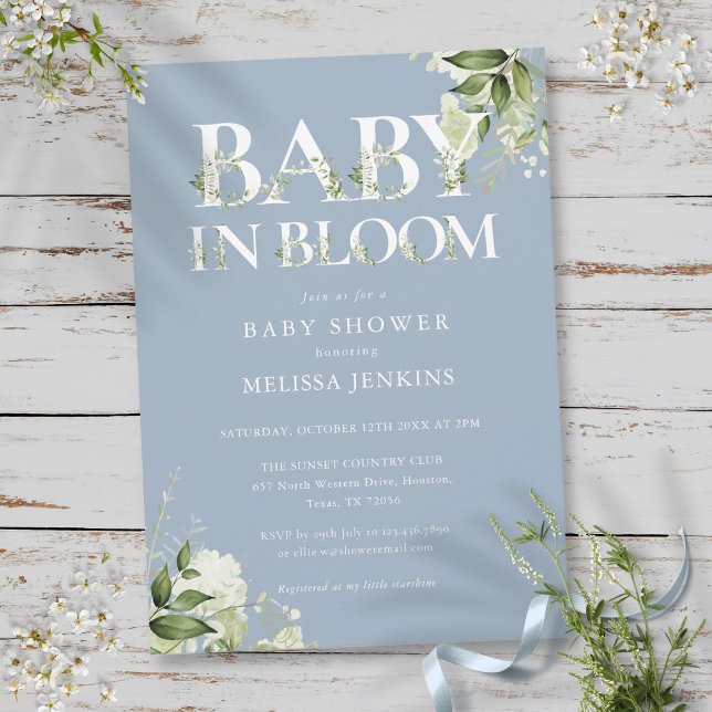 Dusty Blue Baby In Bloom Greenery Barnrummet Inbjudningar (Dusty Blue Baby In Bloom Greenery Baby Shower Invitation)
