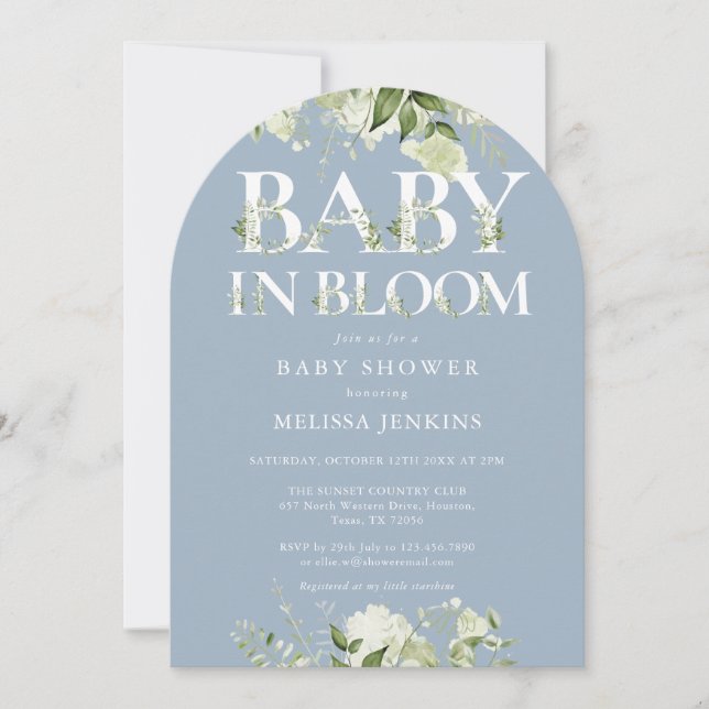 Dusty Blue Baby In Bloom Greenery Barnrumsfirande Inbjudningar (Framsida)