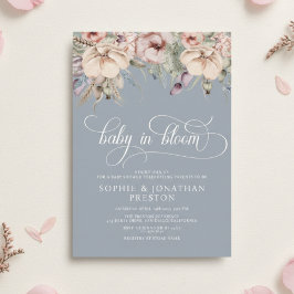 Dusty Blue Baby In Bloom QR Blommig Barnkalas-inbj Inbjudningar