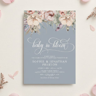 Dusty Blue Baby In Bloom QR Blommig Barnkalas-inbj Inbjudningar
