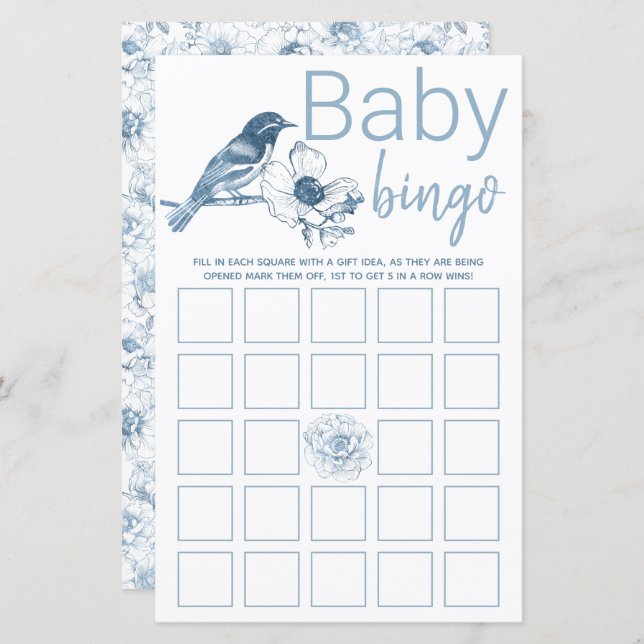Dusty Blue Baby Shower Bingo Game Card-Blommigt (Fram/baksida)