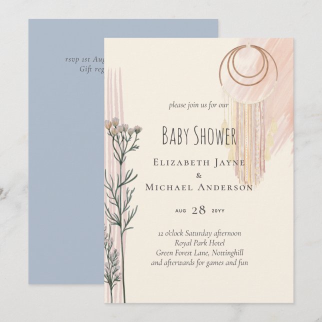 Dusty Blue Baby Shower Boho (Fram/baksida)