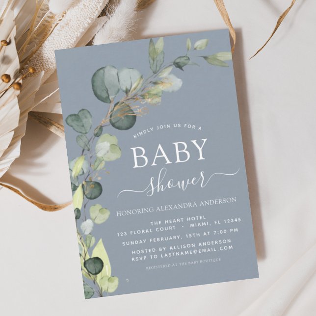 Dusty Blue Baby Shower Eucalyptus-inbjudningar (Skapare uppladdad)