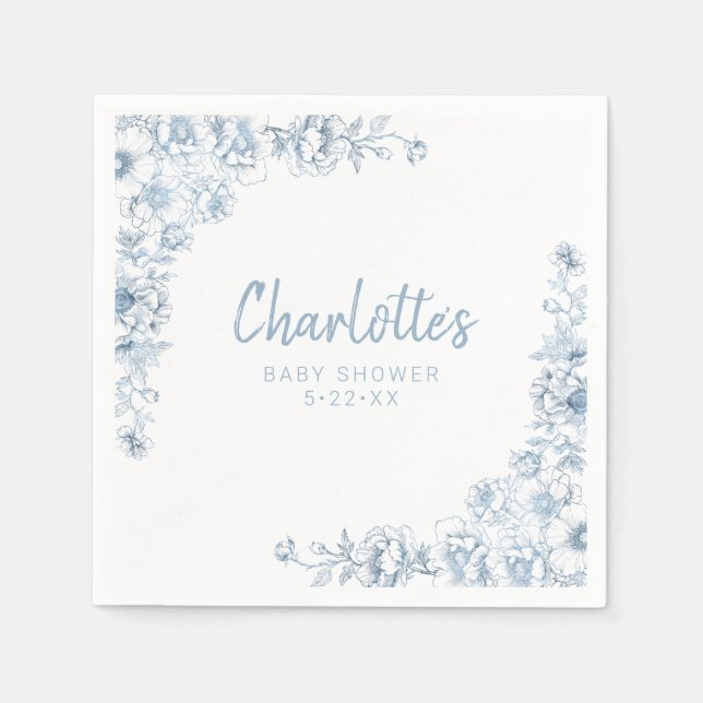 Dusty Blue Baby Shower Napkins Blommigt Chinoiseri Pappersservett (Framsidan)