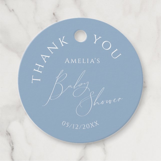 Dusty Blue Baby Shower-Tack Gåvor Etiketter (Framsida)