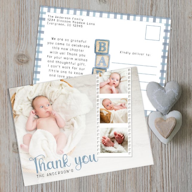 Dusty Blue Baby Shower Thank You Photo Postcard Vykort (Baby Shower Thank You Postcard )