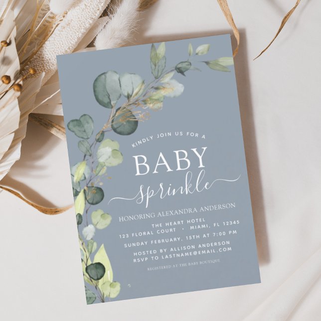 Dusty Blue Baby Sprinkle Shower Eucalyptus Inbjudningar (Skapare uppladdad)