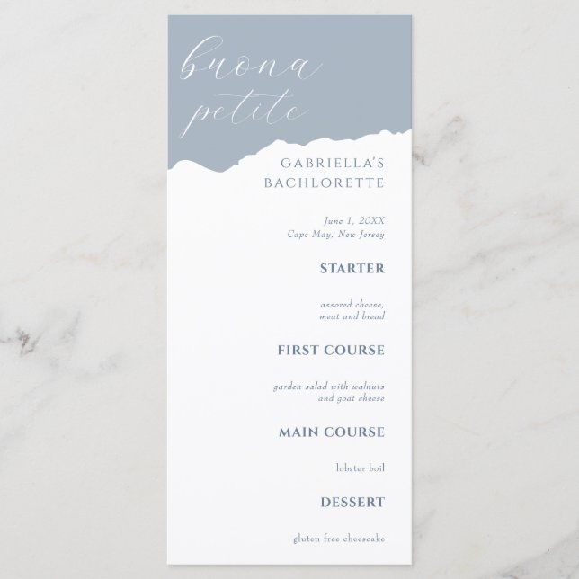 Dusty Blue Bachlorette Menu Italian Meny (Framsida)