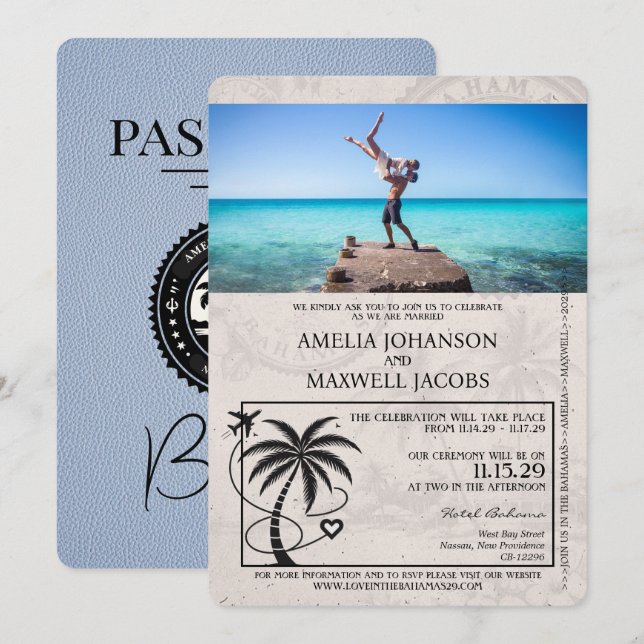 Dusty Blue Bahamas Passport Wedding bjudande Inbjudningar (Fram/baksida)