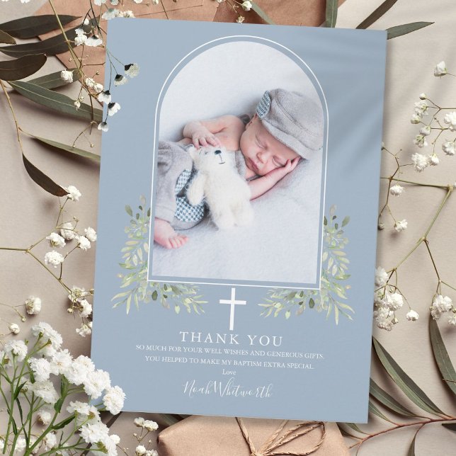Dusty Blue Baptism Greenery Arch Photo Tack Kort (Dusty Blue Baptism Greenery Arch Photo Thank You Card)