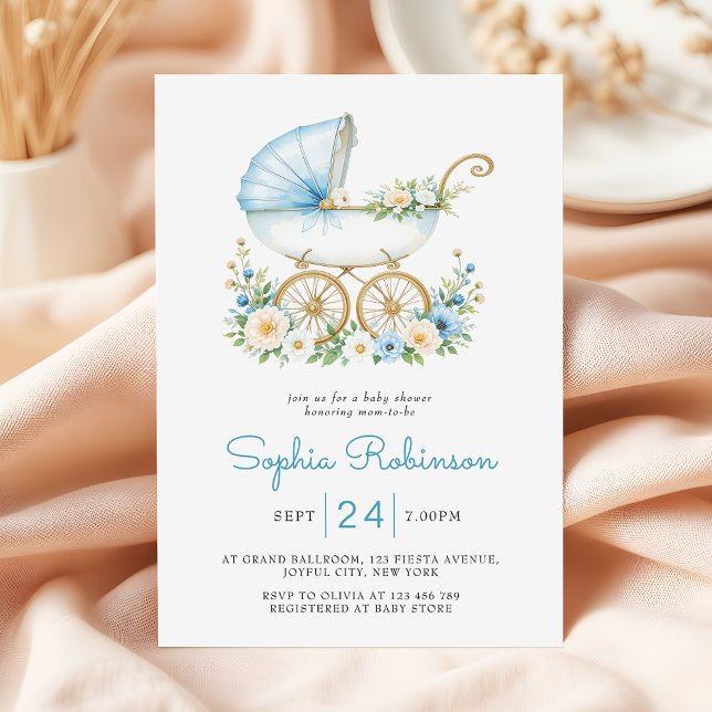 Dusty Blue Barnvagn Blommigt Baby Shower Inbjudningar (Skapare uppladdad)