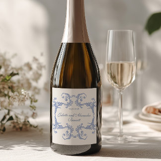 Dusty Blue Barock Bröllops Champagne Flasketikett