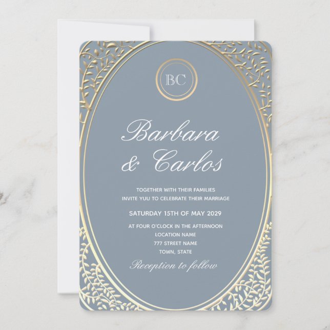 Dusty Blue Baroque Guld bröllopsinbjudan Inbjudningar (Framsida)