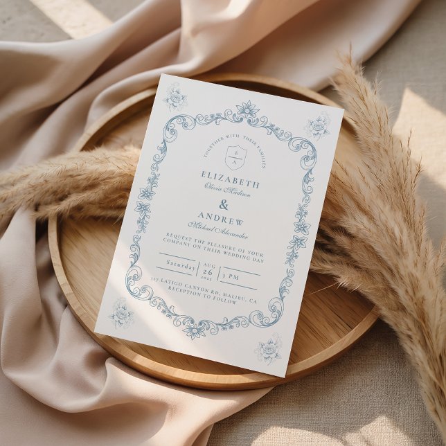 Dusty Blue Baroque Line Art Wedding Inbjudningar (Skapare uppladdad)