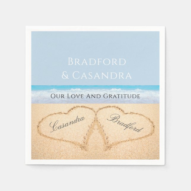 Dusty Blue Beach Wedding 2 Hearts in the Sand Pappersservett (Framsidan)