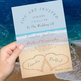 Dusty Blue Beach Wedding 2 Hearts Sand Bröllop Inbjudningar