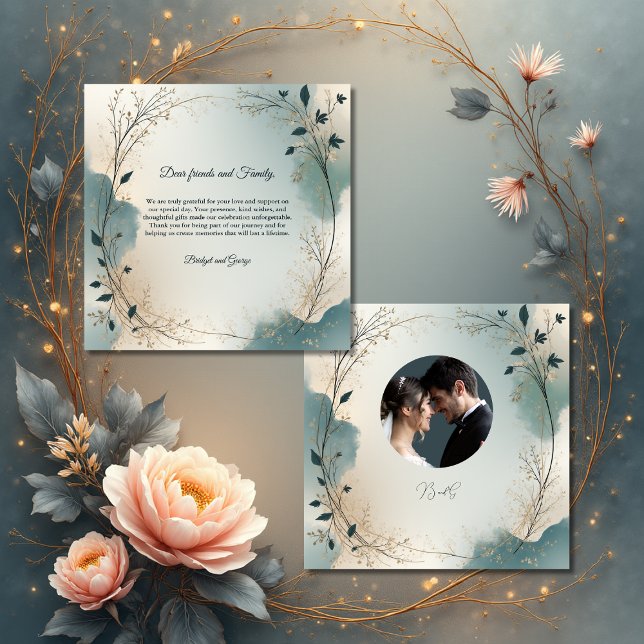 Dusty Blue Beige Boho foliage wreath Wedding photo Tack Kort (Skapare uppladdad)