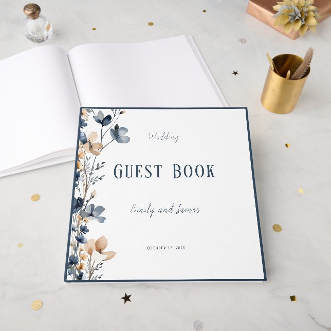 Dusty Blue Beige Botanical Modern Elegant Wedding Gästböcker (Framsidan öppen)