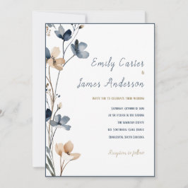 Dusty Blue Beige Botanical Modern Elegant Wedding Inbjudningar