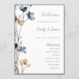 Dusty Blue Beige Botanical Modern Elegant Wedding Program