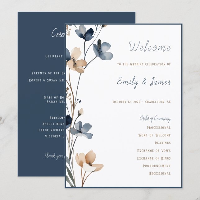 Dusty Blue Beige Botanical Modern Elegant Wedding Program (Fram/baksida)