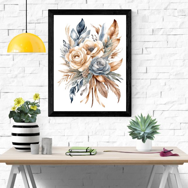 Dusty Blue Beige Neutralt Färg Blommigt Boho Poster (Boho Dusty Blue Beige Floral Botanical Feathers Watercolor Wall Art poster print)
