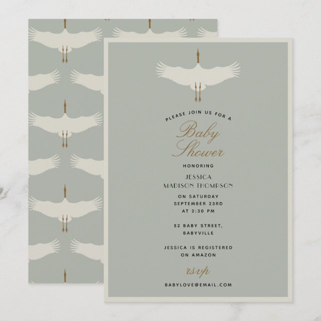 Dusty Blue Birds Svanar Art Deco Baby Shower Inbjudningar (Fram/baksida)