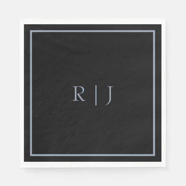 Dusty Blue Black Monogram Brev Initialer Bröllop Pappersservett (Framsidan)