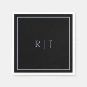 Dusty Blue Black Monogram Initialer Bröllop Trendi Pappersservett