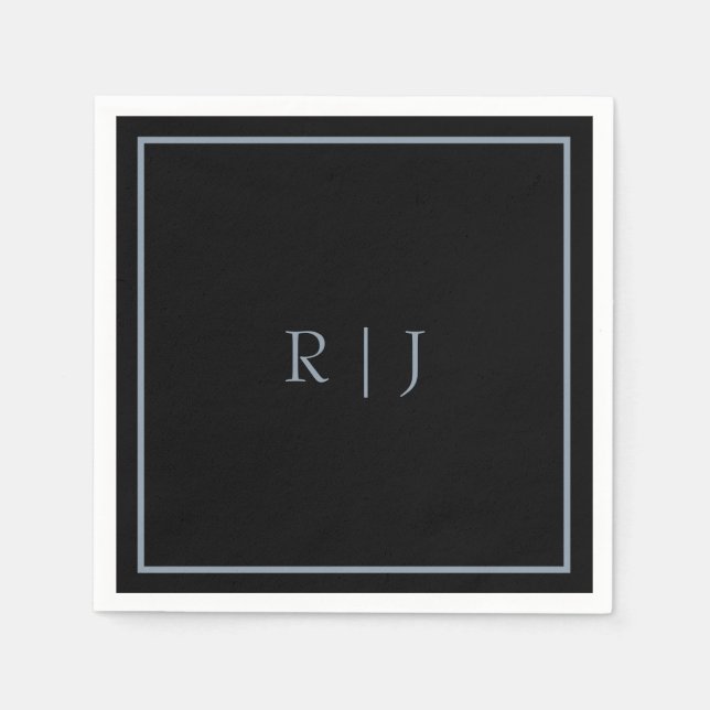 Dusty Blue Black Monogram Initialer Bröllop Trendi Pappersservett (Framsidan)