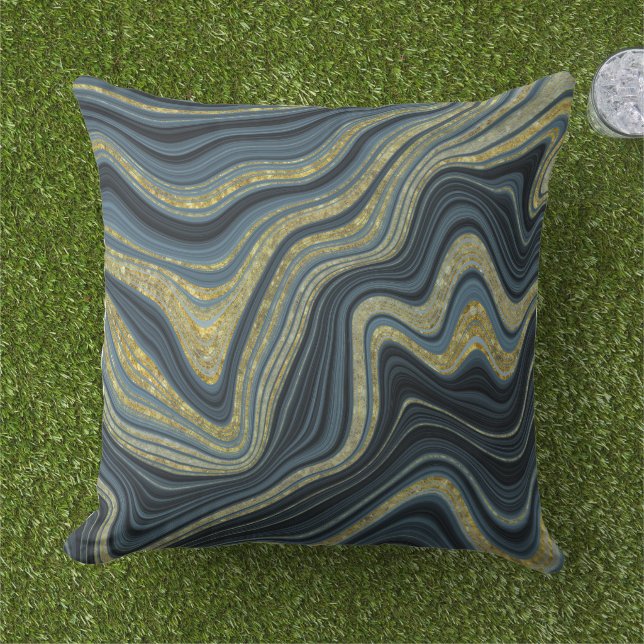 Dusty Blue Black och Guld Marble Mönster Kudde (Gräs)