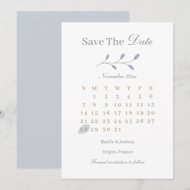 Dusty Blue Blad Minimalist Save The Date Bröllop Inbjudningar (Fram/baksida)