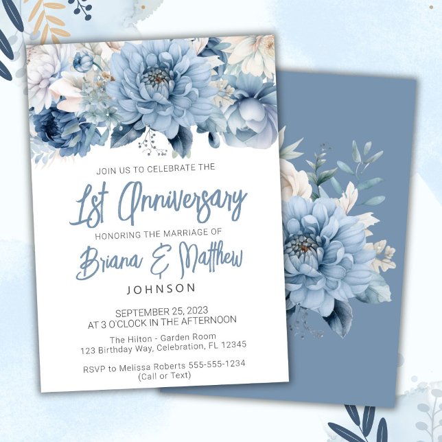 Dusty Blue Blommig 1:a bröllopsjubileum  Inbjudningar (Skapare uppladdad)