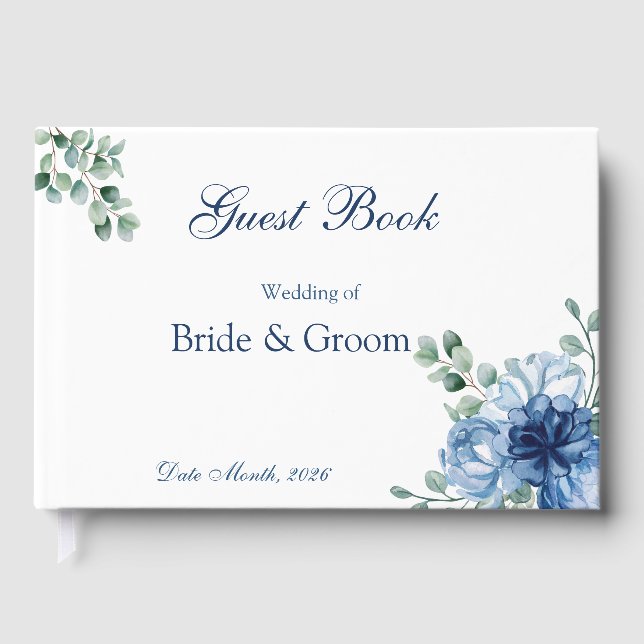 Dusty Blue Blommig Akvarell Vit Bröllop Gästböcker (Framsida)